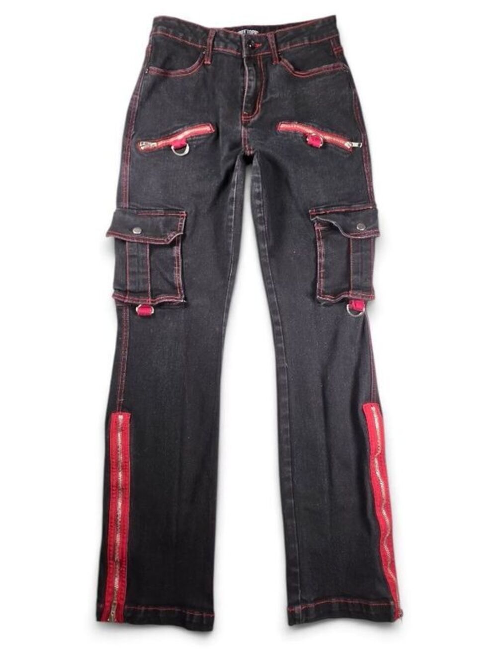 Hot Topic Goth Black Red Tripp Style Cargo Jeans Zip Off Star Flare Jeans 7 - Picture 2 of 10